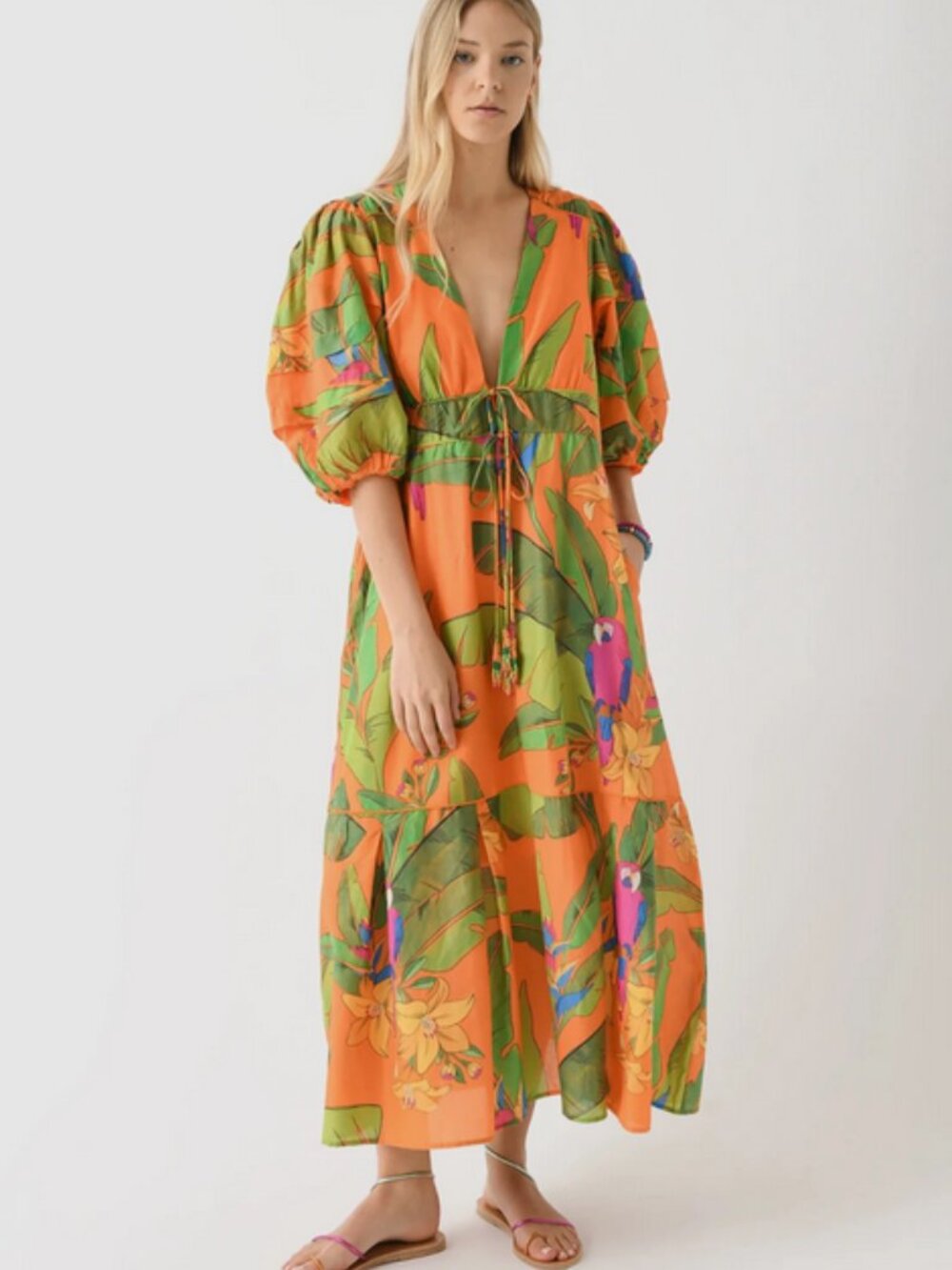 Farm Rio Fresh Macaws Puff-Sleeve Maxi Dress L $290 NWT Anthropologie  Orange